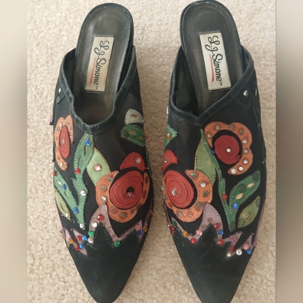 L.J.Simone Vintage Slip On Shoes Mules Gems Suede Black Sz 10M.   FL